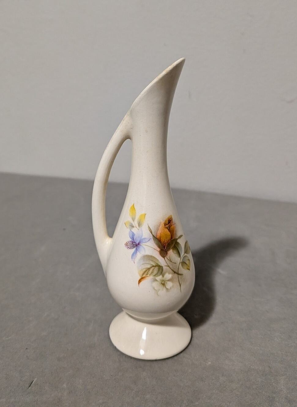 Vintage Mini Porcelain Ewer Pitcher Bud Vase White Floral 5" Tall Unmarked